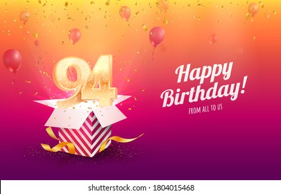 Celebrating 94th years birthday vector illustration. Ninety-four anniversary celebration background. Adult birth day. Open gift box with flying holiday numbers svg