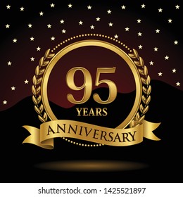 Celebrating 95 years anniversary with golden ring and ribbon on dark background, vector design.