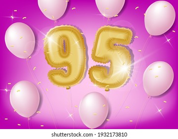 Celebrating 95 years with gold and pink balloons and glitter confetti on a pink background. Vector design for celebrations, invitation cards and greeting cards.