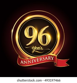 Celebrating 96 years anniversary template logo with golden ring and red ribbon.