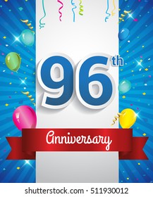 Celebrating 96th Anniversary logo, with confetti and balloons, red ribbon, Colorful Vector design template elements for your invitation card, flyer, banner and poster.