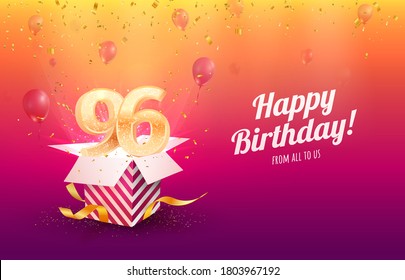 Celebrating 96th years birthday vector illustration. Ninety-six anniversary celebration background. Adult birth day. Open gift box with flying holiday numbers 