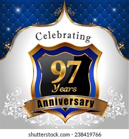 celebrating 97 years anniversary, Golden sheild with blue royal emblem background - vector eps10