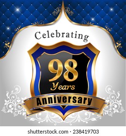 celebrating 98 years anniversary, Golden sheild with blue royal emblem background - vector eps10