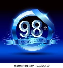 Celebrating 98 years anniversary logo. with silver ring and blue ribbon,