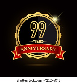Celebrating 99 years anniversary logo with red ribbon and golden shiny badge, vector design.