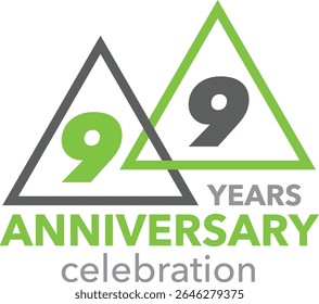 Celebrating the 99th anniversary, black and green numbers placed in black and green triangles on a white background. with word YEARS ANNIVERSARY celebration.