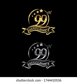 Celebrating the 99th anniversary logo,star shape, with gold and silver rings and gradation ribbons isolated on a black background.EPS 10