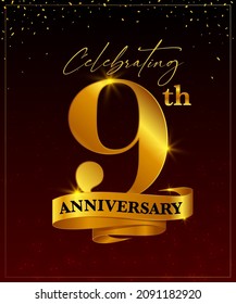 celebrating 9th year anniversary vector banner greeting card template. ninth golden with golden ribbon and confetti on red and black background