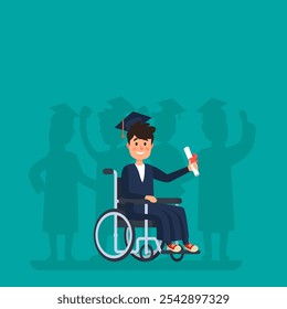 Celebrating academic achievement, a happy disabled graduate student in a wheelchair proudly holds his diploma, symbolizing success, perseverance, and equal opportunities in education