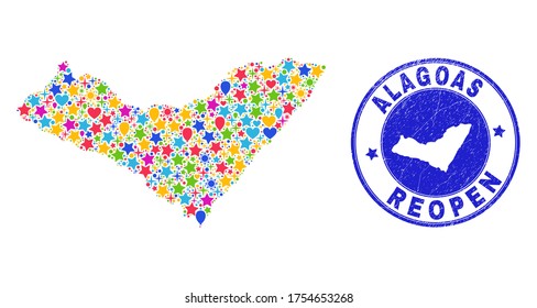 Celebrating Alagoas State map collage and reopening rubber seal. Vector mosaic Alagoas State map is made with randomized stars, hearts, balloons. Rounded rough blue seal with grunge rubber texture.