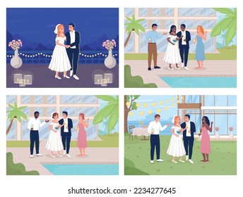 Celebrating all-inclusive wedding at resort flat color vector illustration set. Happy newlyweds. Fully editable 2D simple cartoon characters collection with hotel exterior, night sky on background