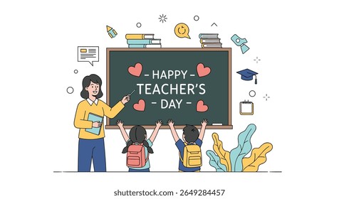 Celebrating Amazing Educators Happy Teachers Day With Students Appreciation And Festive School Blackboard Illustration
