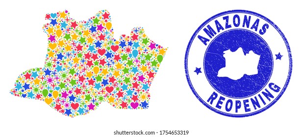 Celebrating Amazonas State map collage and reopening rubber seal. Vector collage Amazonas State map is designed of randomized stars, hearts, balloons.