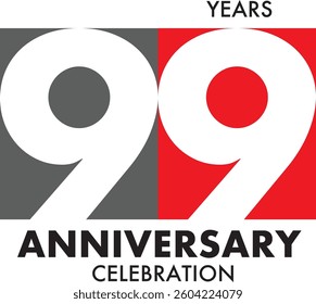 Celebrating Anniversary black and red colored number 99 on a white background with word Anniversary Celebration black color at the bottom.