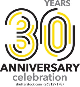 Celebrating Anniversary black and yellow stroke number 30 on a white background with word YEARS ANNIVERSARY celebration.