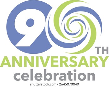 Celebrating anniversary blue circle number 90 on a white background with word TH ANNIVERSARY celebration at the bottom.