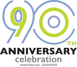 Celebrating Anniversary blue and lime green stroke number 90 on a white background with word TH ANNIVERSARY celebration.