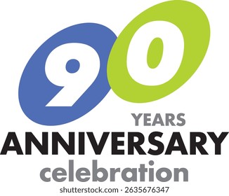 Celebrating Anniversary blue and lime green circle color number 90 on a white background with word YEARS ANNIVERSARY celebration at the bottom.