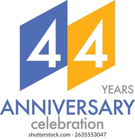 Celebrating Anniversary blue and orange color number 44 on a white background with word YEARS ANNIVERSARY celebration at the bottom.