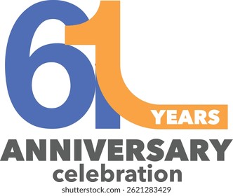 Celebrating Anniversary blue and orange colored number 61 on a white background with word YEARS ANNIVERSARY celebration at the bottom.
