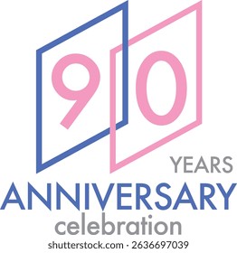 Celebrating Anniversary blue and pink color number 90 on a white background with word YEARS ANNIVERSARY celebration at the bottom.