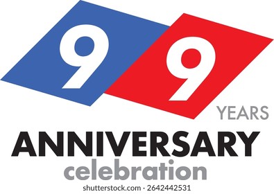 Celebrating Anniversary blue and red square color number 99 on a white background with word YEARS ANNIVERSARY celebration at the bottom.