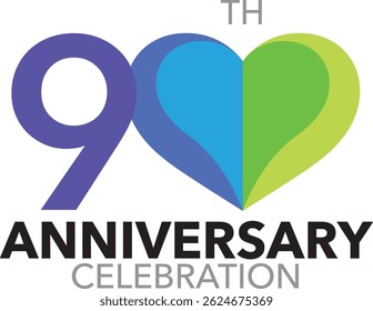 Celebrating Anniversary blue sky blue green lime green colored heart shape number 90 on a white background with word TH ANNIVERSARY CELEBRATION.