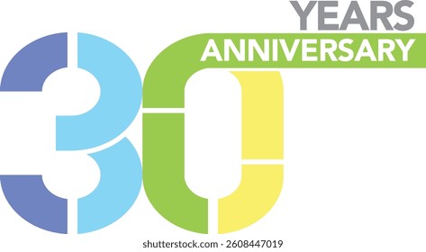 Celebrating Anniversary blue sky blue lime green and yellow colored number 30 on a white background with word YEARS ANNIVERSARY at the upper right corner.