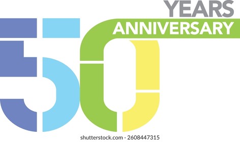 Celebrating Anniversary blue sky blue lime green and yellow colored number 50 on a white background with word YEARS ANNIVERSARY at the upper right corner.