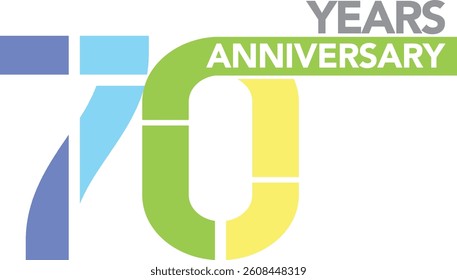 Celebrating Anniversary blue sky blue lime green and yellow colored number 70 on a white background with word YEARS ANNIVERSARY at the upper right corner.