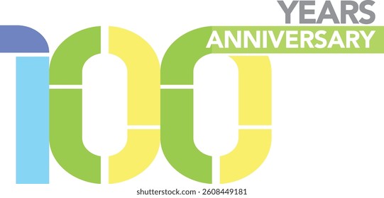 Celebrating Anniversary blue sky blue lime green and yellow colored number 100 on a white background with word YEARS ANNIVERSARY at the upper right corner.