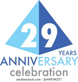 Celebrating Anniversary blue sky and blue triangle shape number 29 on a white background with word YEARS ANNIVERSARY celebration at the bottom.