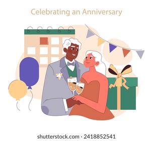 Celebrating an anniversary. Elderly couple toasting to another year of marriage, surrounded by balloons and gifts. Cherished moments together. Flat vector illustration