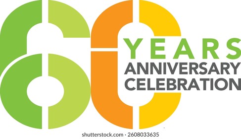 Celebrating Anniversary green and orange monochrome colored number 60 on a white background with word YEARS ANNIVERSARY CELEBRATION at the right side.