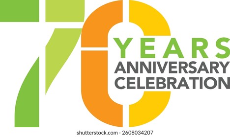 Celebrating Anniversary green and orange monochrome colored number 70 on a white background with word YEARS ANNIVERSARY CELEBRATION at the right side.