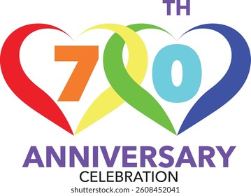 Celebrating Anniversary heart shape in rainbow colored number 70 on a white background with word TH ANNIVERSARY CELEBRATION.