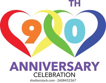 Celebrating Anniversary heart shape in rainbow colored number 90 on a white background with word TH ANNIVERSARY CELEBRATION.