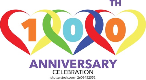 Celebrating Anniversary heart shape in rainbow colored number 100 on a white background with word TH ANNIVERSARY CELEBRATION.