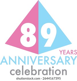Celebrating Anniversary light pink and sky blue triangle shape number 89 on a white background with word YEARS ANNIVERSARY celebration at the bottom.