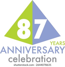 Celebrating Anniversary lime green and blue triangle shape number 87 on a white background with word YEARS ANNIVERSARY celebration at the bottom.