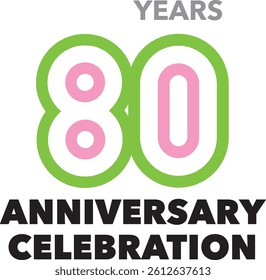 Celebrating Anniversary lime green and pink stripe line number 80 on a white background with word YEARS ANNIVERSARY CELEBRATION.