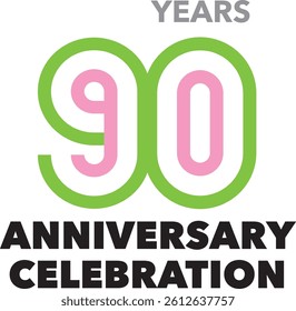 Celebrating Anniversary lime green and pink stripe line number 90 on a white background with word YEARS ANNIVERSARY CELEBRATION.