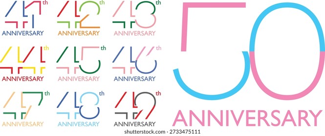 celebrating anniversary multi colors number 41 42 43 44 45 46 47 48 49 50 on a white background with word th ANNIVERSARY.