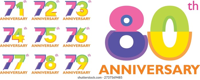 celebrating anniversary multi colors number 71 72 73 74 75 76 77 78 79 80 on a white background with word th ANNIVERSARY.