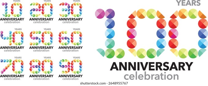 Celebrando o aniversário número 10 20 30 40 50 60 70 80 90 100. O número é formado pela junção do círculo multicolorido para formar o número com a palavra ANIVERSÁRIO ANIVERSÁRIO celebração.