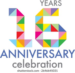 Comemorando o aniversário número 16. O número é formado pela junção de triângulo multicolorido para formar o número 16 em um fundo branco com a palavra ANIVERSÁRIO DE ANOS celebração.