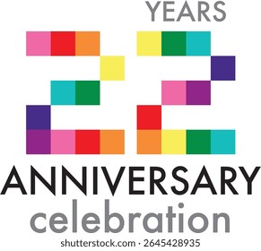 Celebrando o aniversário número 22. O número é formado pela união de quadrados coloridos de arco-íris para formar o número 22 em um fundo branco com a palavra comemoração ANIVERSÁRIO ANOS.