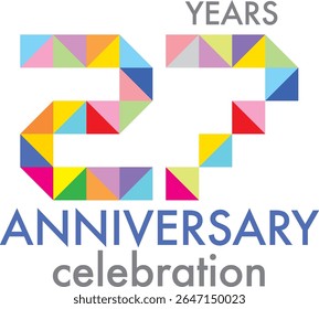 Celebrating anniversary number 27. The number is formed by joining together triangle multi colored to form the number 27 on a white background with word YEARS ANNIVERSARY celebration.