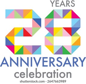 Celebrating anniversary number 28. The number is formed by joining together triangle multi colored to form the number 28 on a white background with word YEARS ANNIVERSARY celebration.